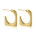 Detailed close-up of gold-plated stainless steel square C-hoop earrings with hammered texture - Hammered Square Style (C039)