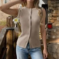 Women Y2K beige knitted sleeveless vest cardigan with button closure shown on model - S / Khaki