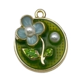 French vintage style round green enamel flower pendant with pearls in gold finish - Green Flower Leaf-22074