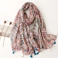 Ethnic style cotton linen feel scarf with red and blue geometric patterns and tassels - 180x90cm / Geometric Stripe Style (SL2112-032)