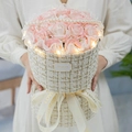 Pink soap roses in cream tweed gift basket with pearl chain and LED light for Valentine's - 19 Roses + Gift Bag + Warm Light / High-end Pink (Pink and White)
