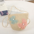 Detail of woven straw shoulder bag with embroidered pearl butterflies for girls - Beige Bag