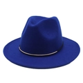 Detail of royal blue wool fedora hat with flat wide brim and gold metal buckle trim - One Size 58cm / Sapphire Blue
