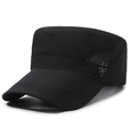 Men's black flat top sun hat with breathable mesh side panels and metal triangle logo - Black