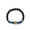 Tiger eye and matte black stone beaded bracelet with golden lion head charm for men and women - Peacock Blue Tiger Eye