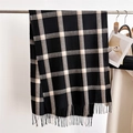 Detail of black and white checkered scarf with soft texture and neat fringe tassels - Black & White Plaid (WT170-4)