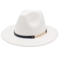 Detail view of white wide brim fedora with black leather band and gold chain decoration - M (56-58cm) / White