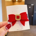 Festive red velvet bow hair clip with a gold buckle and white pom-poms for girls - Style 17: Exquisite Red Velvet Bow Clip