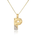 Macro shot of gold-plated letter P pendant with textured surface and pavé zircon stones - Letter P
