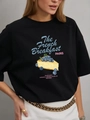 Women's 100% cotton black T-shirt with French breakfast print and stylish graphic design - S / Black