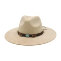 Beige western cowboy hat with wide brim, suede texture and blue gemstone leather band - One Size / Beige (Wood Beads Blue Stone)