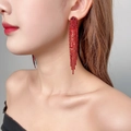 Elegant long fringe drop earrings with bright red rhinestones worn by a model - Red Elegant Profile Tassel Earrings