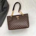 Brown large-capacity tote bag with geometric floral pattern and golden deer charm - Brown