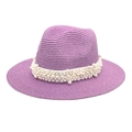 Elegant lavender straw fedora hat with white pearl ribbon band for women's summer style - M (56-58cm) / Taro Purple