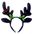 Brown reindeer antler headband with festive green holly leaves and red berries - Coffee Antler with Holly