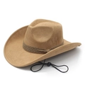 Camel suede western cowboy hat with polka dot band and windproof strap on white background - M (56-58cm) / Camel