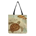 Canvas turtle tote bag with nautical shell prints and black shoulder straps - Brown Sea Turtle and Striped Shell Pattern (hm4541b)