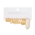 6-pair set of gold-tone geometric hoop earrings with white pearls on a display card - 39 Kc Gold 10707