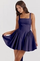 Macro detail of deep purple square neck dress showing pleated waist and rich fabric texture - S / Navy Blue