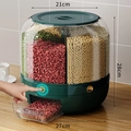 Green rotating grain dispenser with transparent body and multi-grid storage design - 6-Grid Rotating One-Click Open / 7.5kg Emerald Green