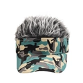 Macro detail of camouflage wig baseball cap featuring realistic grey hair and thick canvas fabric - Grey Wig Light Green Camo