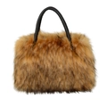 Brown faux fur tote bag with black leather handles and fluffy plush texture on white background - Brown