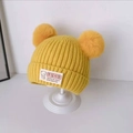 Yellow baby winter knitted hat with two pom-poms and Korean style textile label - One Size / Korean Text Double Pom / Yellow