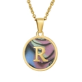18K gold plated titanium steel necklace with letter R pendant on colorful background - Gold R
