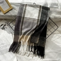 Classic black, white, and beige plaid scarf with soft tassels for winter warmth - Black White Camel