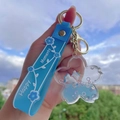 Blue unicorn milk tea cup keychain with liquid glitter sand and silicone strap - Blue-Cherry Blossom Unicorn