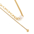 Golden double-layered titanium necklace with white pearl and small round bead pendant - Gold Double Layer Pearl Metal Ball Style (KN197622-Z)