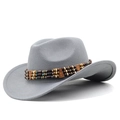 Close-up of ethnic beaded bands and brown buckle on grey wool western cowboy hat - M (56-58cm) Adjustable / Light Gray