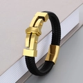 Pulsera para hombre de cuero trenzado negro con cruz de acero inoxidable dorado y cierre - 19cm / Dorado