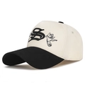 Two-tone baseball cap in beige and black featuring a bird and 'S' letter embroidery - Adjustable / Contrast Color (Beige/Black) / Beige