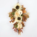 Corona de otoño en forma de lágrima con calabazas blancas, girasoles y hojas secas - 60CM / Adorno Colgante de Lágrima de Calabaza Blanca de Otoño