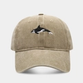 Macro detail of orca embroidery on washed cotton twill baseball cap fabric - Adjustable / Khaki