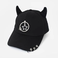 Detail of black baseball cap with furry devil horns and silver metal ring star charm - Star Black
