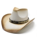 Classic woven straw cowboy hat with vintage brown gradient edge and metal bull emblem - M(56-58cm) / Creamy White & Coffee