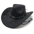 Black Western suede cowboy hat featuring turquoise beads, metal studs and adjustable chin cord - M(56-58cm) / Black
