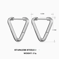 Silver-toned triangular stainless steel hoop earrings with precise size and weight markers - Steel - Triangle Style (ZN466S)