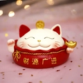 Cute lucky cat figurine with red money bag base for desktop and home decoration - Fortune Bag Cat