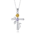 Two-tone silver cross necklace with golden rose and purple gemstone on white background - Cross June Rose