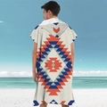 Microfiber hooded beach poncho with orange and blue tribal pattern on white background - Pullover Style - Large Rhombus