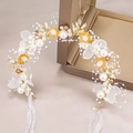 Elegant gold bridal hairband with white pearls and frosted leaves on beige background - Pearl Flower Headband-Orange