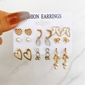 Golden geometric earring set with pearls, butterfly charms, and rhinestone accents - E071/Element Style / Gold / Multicolor