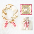 70x70 square silk scarf with gold chain and pink rose patterns on cream background - 70*70cm / Cream Rose Chain (38)