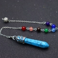 Blue crystal hexagonal prism pendulum necklace with silver cage and 7 chakra beads - Blue Turquoise