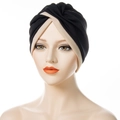 Black turban hat for women featuring a stylish beige crossover twist front detail - Black & Beige
