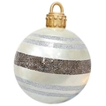 Close-up of a 60cm white PVC inflatable Christmas ball with brown glitter stripes and golden cap - Silver Stripes