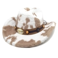 Cappello da cowboy in finta pelliccia di coniglio con stampa mucca e fibbia dorata a toro - M（56-58cm） / Corona Diritta Cachi